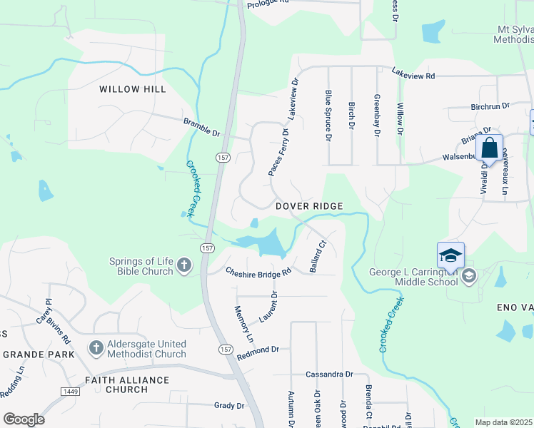 map of restaurants, bars, coffee shops, grocery stores, and more near 4509 Paces Ferry Drive in Durham