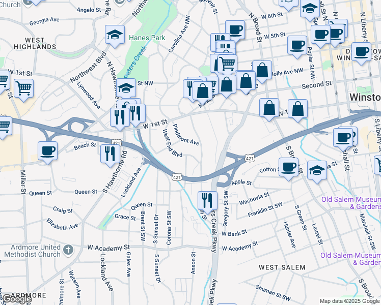 map of restaurants, bars, coffee shops, grocery stores, and more near 1138 West End Boulevard in Winston-Salem