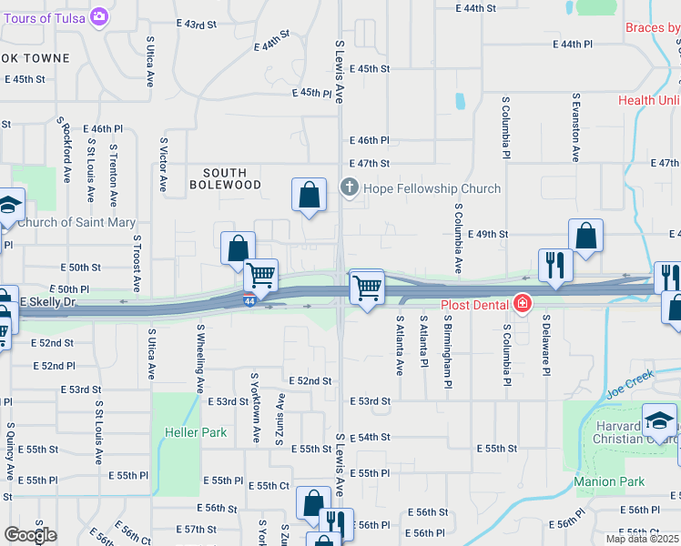map of restaurants, bars, coffee shops, grocery stores, and more near S Lewis Ave & E Skelly Dr in Tulsa