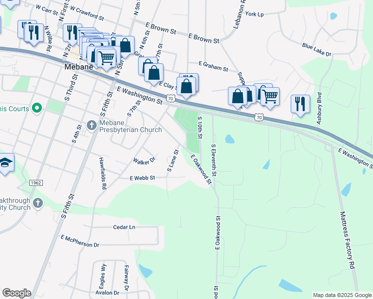 map of restaurants, bars, coffee shops, grocery stores, and more near 298 South 9th Street in Mebane