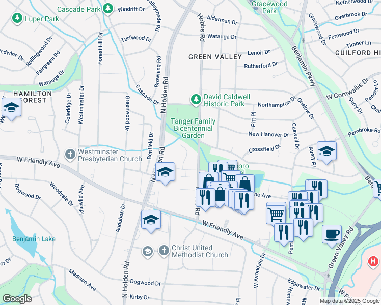 map of restaurants, bars, coffee shops, grocery stores, and more near 3408 Northline Avenue in Greensboro