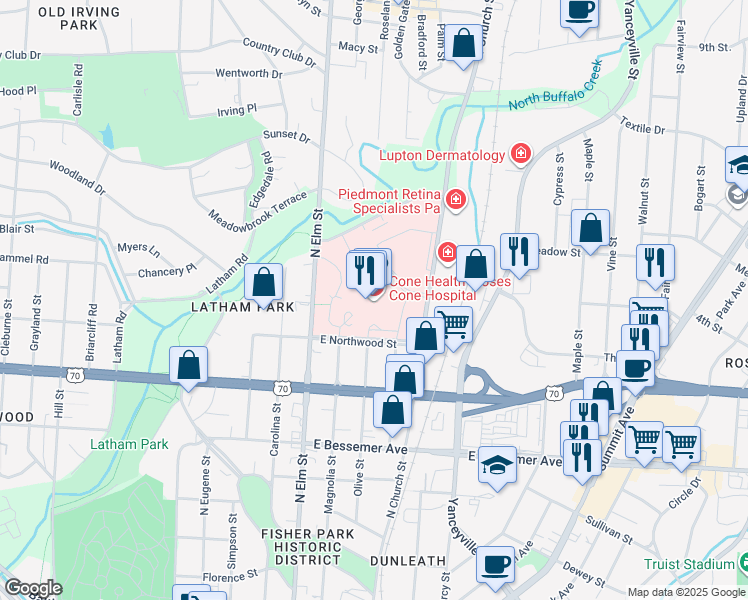 map of restaurants, bars, coffee shops, grocery stores, and more near in Greensboro