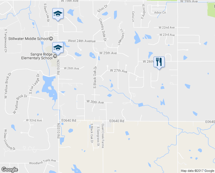map of restaurants, bars, coffee shops, grocery stores, and more near 2724 Saddle Rock Lane in Stillwater