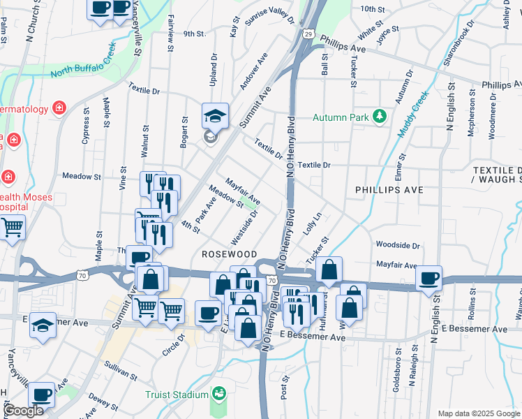 map of restaurants, bars, coffee shops, grocery stores, and more near 1413 Mayfair Avenue in Greensboro