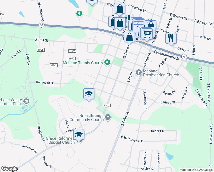 map of restaurants, bars, coffee shops, grocery stores, and more near 507 South 2nd Street in Mebane