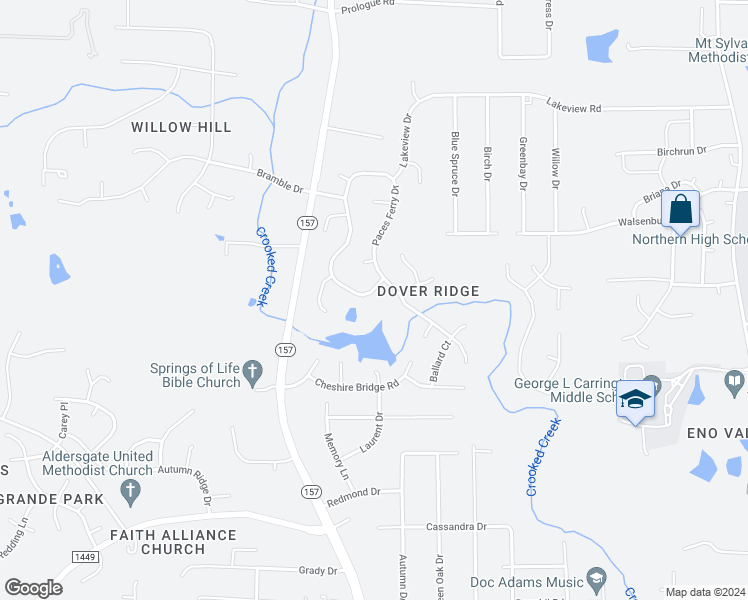 map of restaurants, bars, coffee shops, grocery stores, and more near 4507 Paces Ferry Drive in Durham