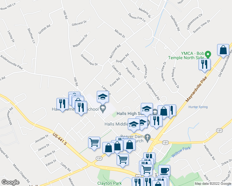 map of restaurants, bars, coffee shops, grocery stores, and more near Hicken Road in Knoxville