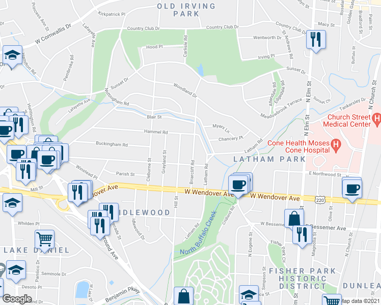 map of restaurants, bars, coffee shops, grocery stores, and more near 1209 Briarcliff Road in Greensboro