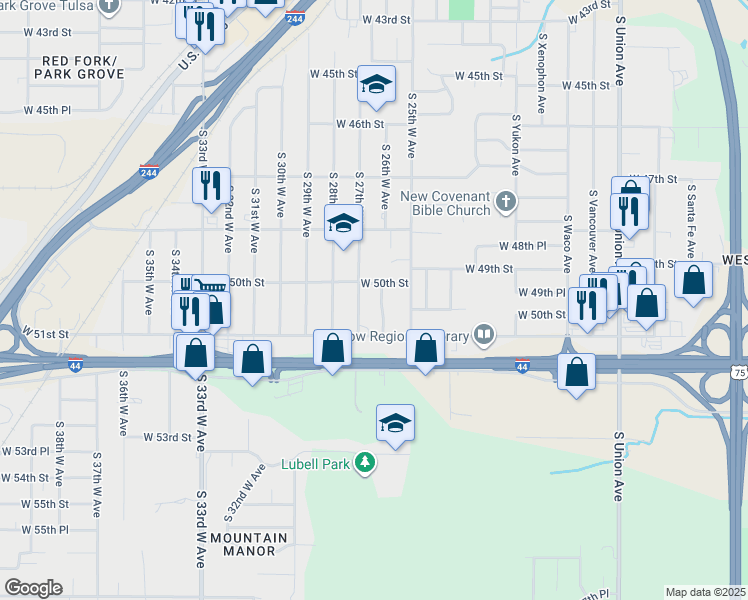 map of restaurants, bars, coffee shops, grocery stores, and more near 2656 West 50th Street in Tulsa