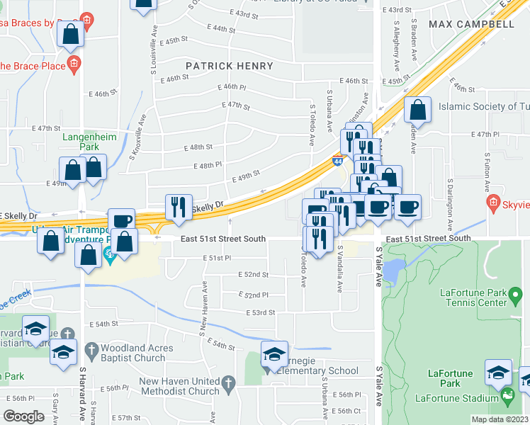 map of restaurants, bars, coffee shops, grocery stores, and more near 4200 East Skelly Drive in Tulsa