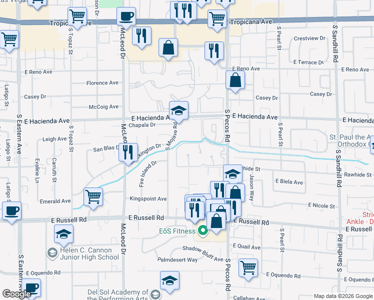 map of restaurants, bars, coffee shops, grocery stores, and more near 3258 Brookfield Drive in Las Vegas