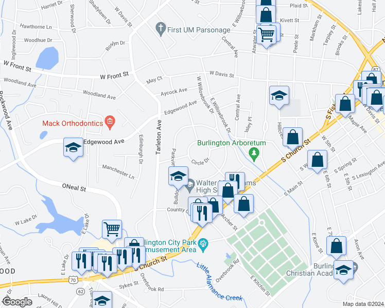 map of restaurants, bars, coffee shops, grocery stores, and more near in Burlington