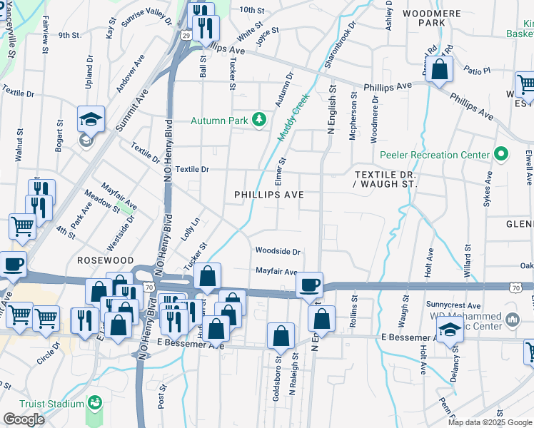 map of restaurants, bars, coffee shops, grocery stores, and more near 1301 Elmer Street in Greensboro