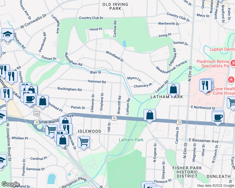 map of restaurants, bars, coffee shops, grocery stores, and more near 1209 Briarcliff Road in Greensboro