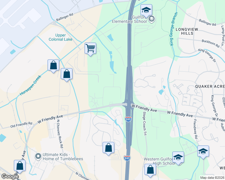 map of restaurants, bars, coffee shops, grocery stores, and more near 6004 Brushwood Court in Greensboro
