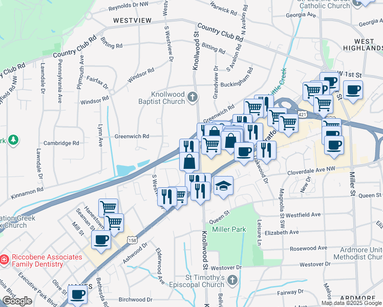 map of restaurants, bars, coffee shops, grocery stores, and more near 370 Knollwood Street in Winston-Salem
