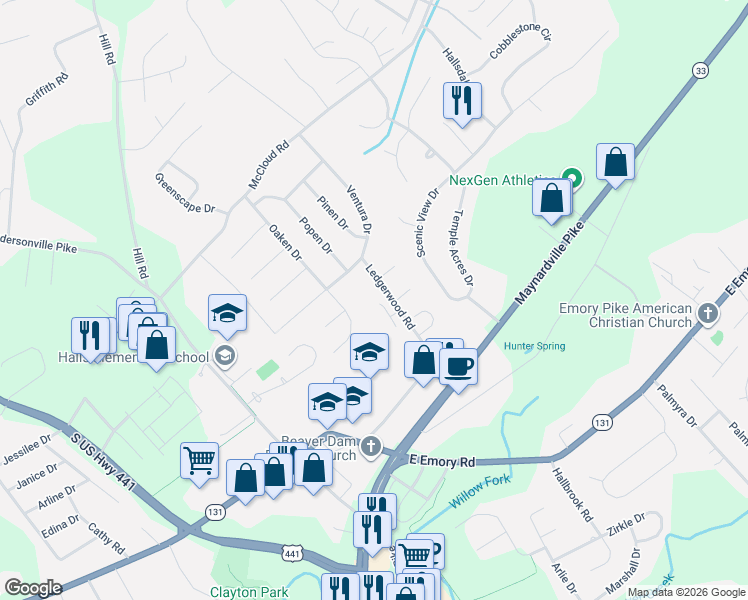 map of restaurants, bars, coffee shops, grocery stores, and more near 7538 School View Way in Knoxville