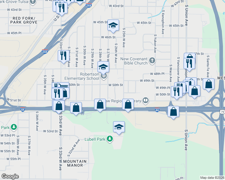 map of restaurants, bars, coffee shops, grocery stores, and more near 2656 West 50th Street in Tulsa