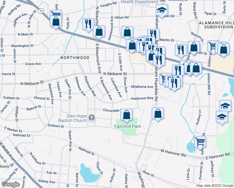 map of restaurants, bars, coffee shops, grocery stores, and more near 611 Columbia Avenue in Burlington