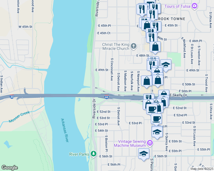 map of restaurants, bars, coffee shops, grocery stores, and more near 4942 South Cincinnati Avenue in Tulsa