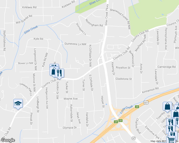 map of restaurants, bars, coffee shops, grocery stores, and more near 100 South Cliffdale Drive in Winston-Salem