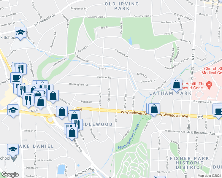 map of restaurants, bars, coffee shops, grocery stores, and more near 1208 Grayland Street in Greensboro