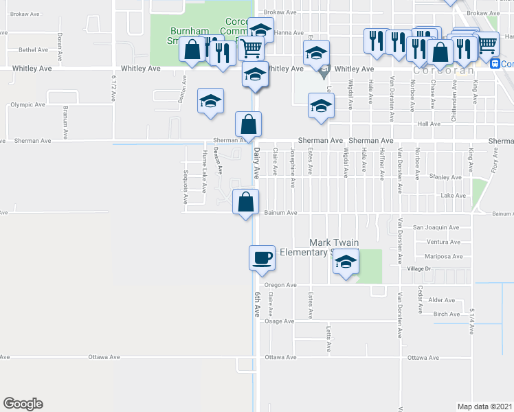 map of restaurants, bars, coffee shops, grocery stores, and more near 1764 Dairy Avenue in Corcoran