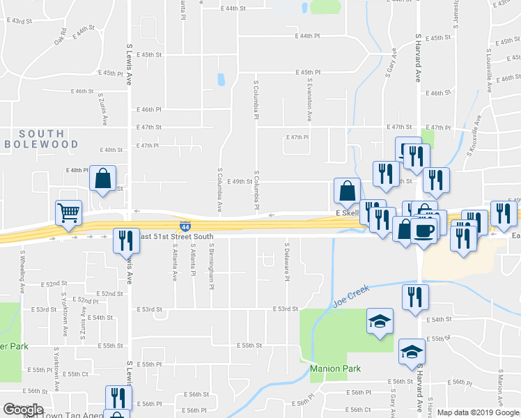 map of restaurants, bars, coffee shops, grocery stores, and more near 2761 East Skelly Drive in Tulsa
