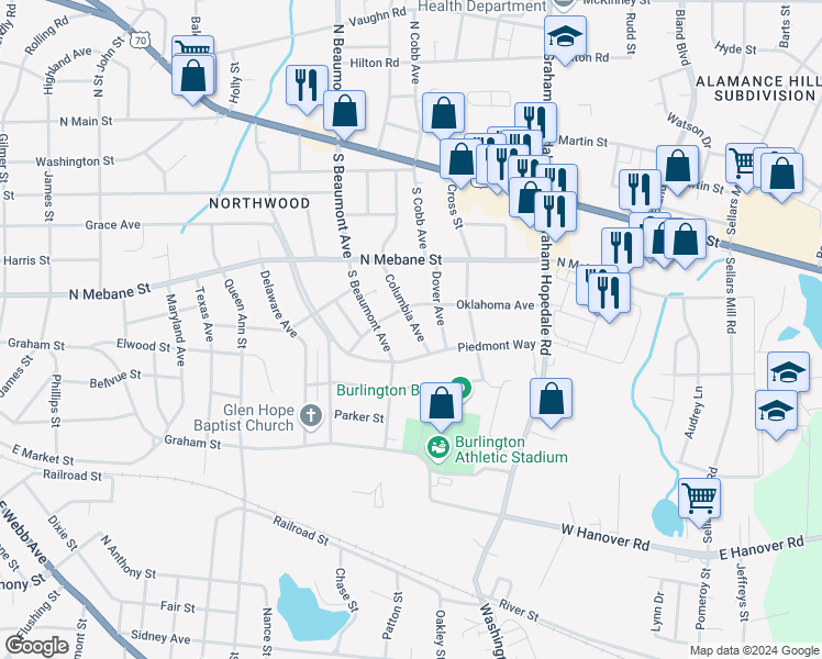map of restaurants, bars, coffee shops, grocery stores, and more near 611 Columbia Avenue in Burlington
