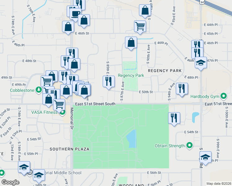 map of restaurants, bars, coffee shops, grocery stores, and more near 8615 East 50th Street in Tulsa