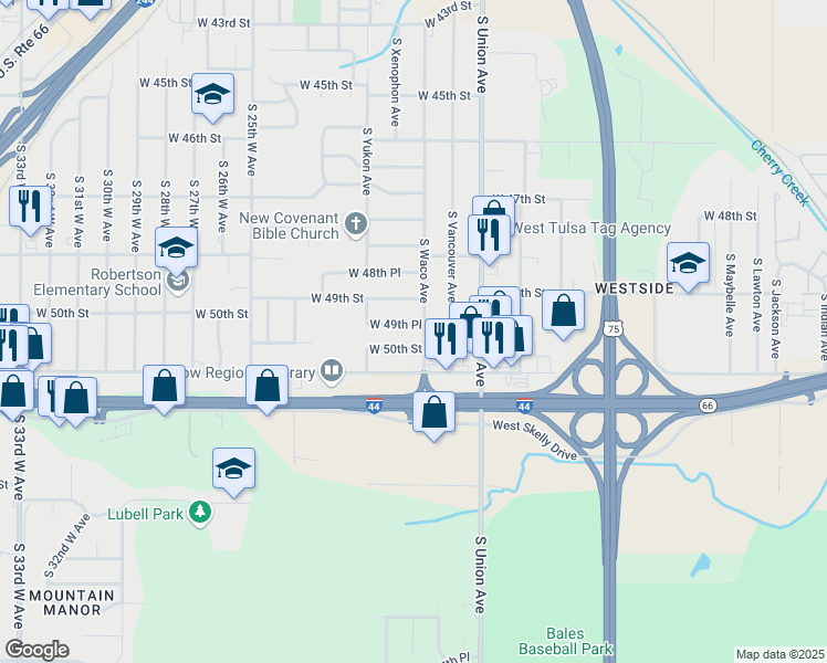 map of restaurants, bars, coffee shops, grocery stores, and more near 1910 West 49th Place in Tulsa