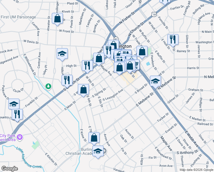 map of restaurants, bars, coffee shops, grocery stores, and more near 144 East 4th Street in Burlington