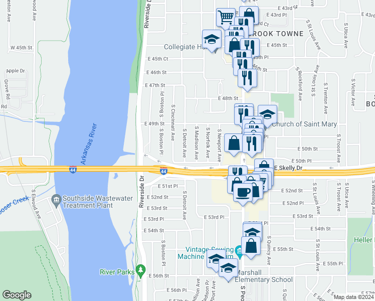 map of restaurants, bars, coffee shops, grocery stores, and more near 4953 South Detroit Avenue in Tulsa