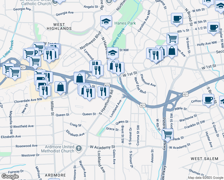 map of restaurants, bars, coffee shops, grocery stores, and more near 204 South Hawthorne Road in Winston-Salem