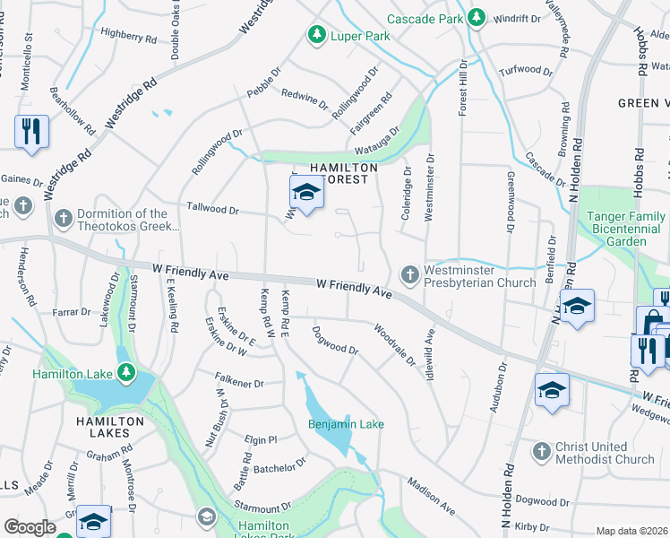 map of restaurants, bars, coffee shops, grocery stores, and more near 4004 West Friendly Avenue in Greensboro
