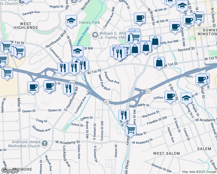 map of restaurants, bars, coffee shops, grocery stores, and more near 1120 West End Boulevard in Winston-Salem