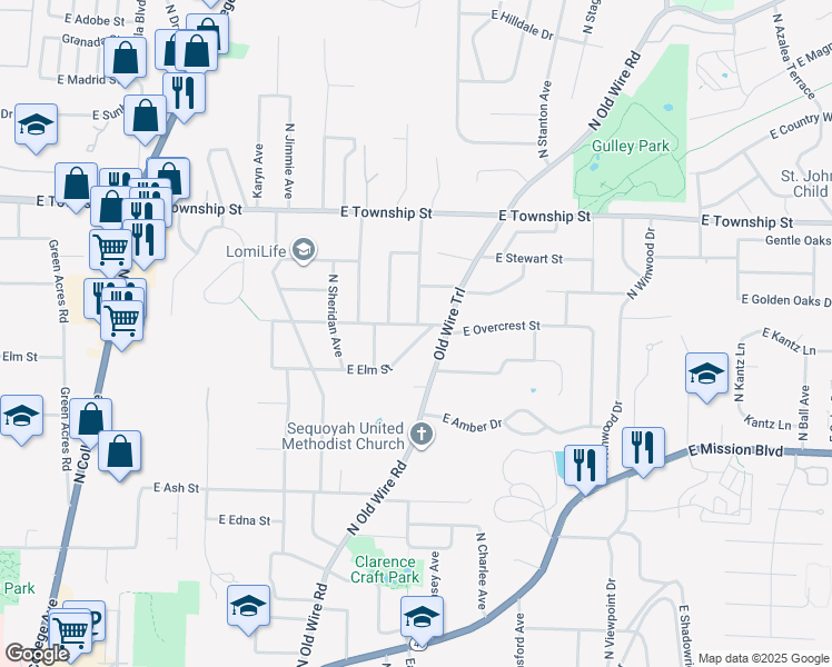 map of restaurants, bars, coffee shops, grocery stores, and more near 1165 East Overcrest Street in Fayetteville