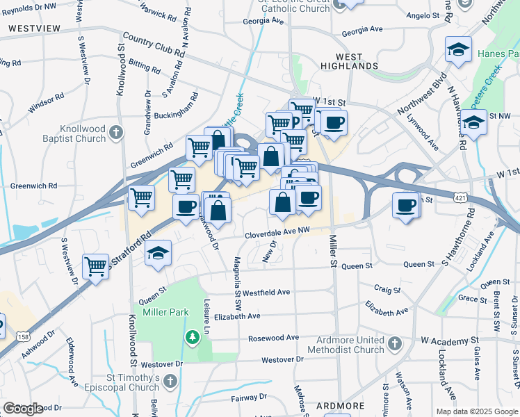 map of restaurants, bars, coffee shops, grocery stores, and more near 2357 Ardmore Terrace in Winston-Salem