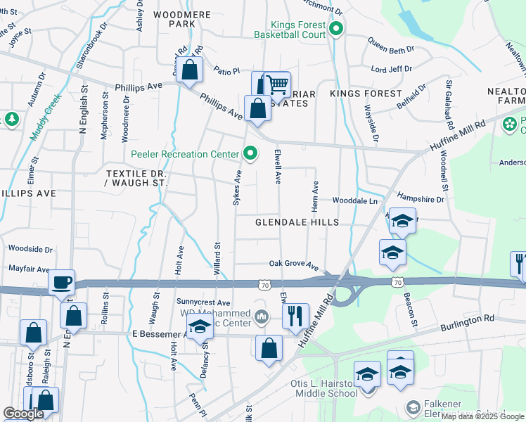 map of restaurants, bars, coffee shops, grocery stores, and more near 1100 Easton Road in Greensboro