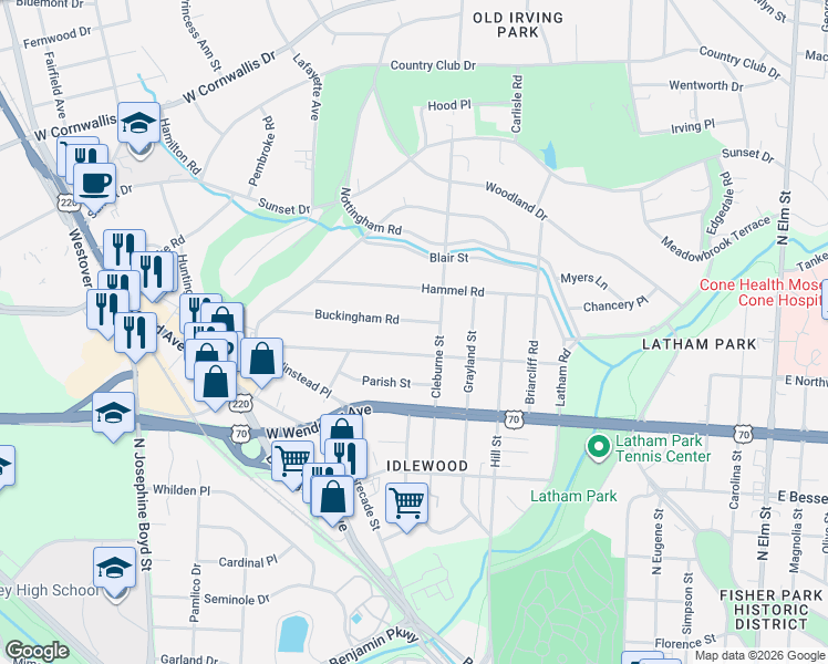 map of restaurants, bars, coffee shops, grocery stores, and more near 1106 Buckingham Road in Greensboro
