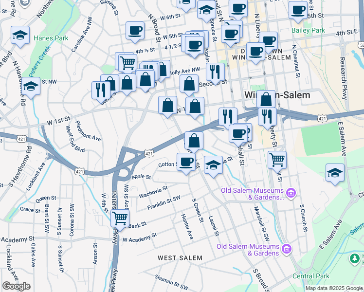 map of restaurants, bars, coffee shops, grocery stores, and more near 175-195 Broad Street South in Winston-Salem