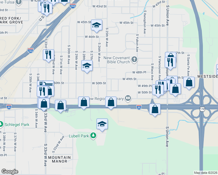 map of restaurants, bars, coffee shops, grocery stores, and more near 5004 South 25th West Avenue in Tulsa