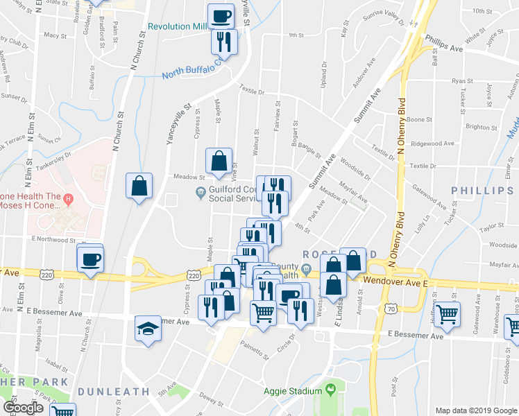 map of restaurants, bars, coffee shops, grocery stores, and more near 1207 4th Street in Greensboro