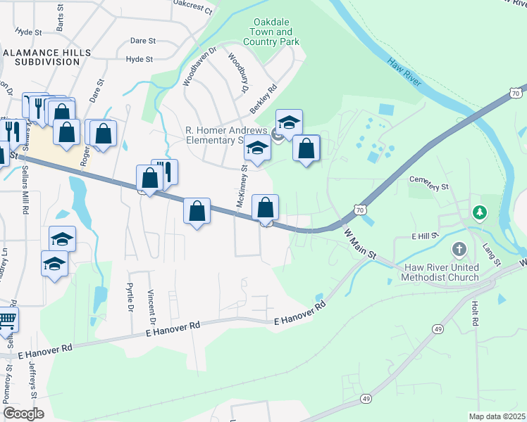 map of restaurants, bars, coffee shops, grocery stores, and more near 2618 North Church Street in Burlington