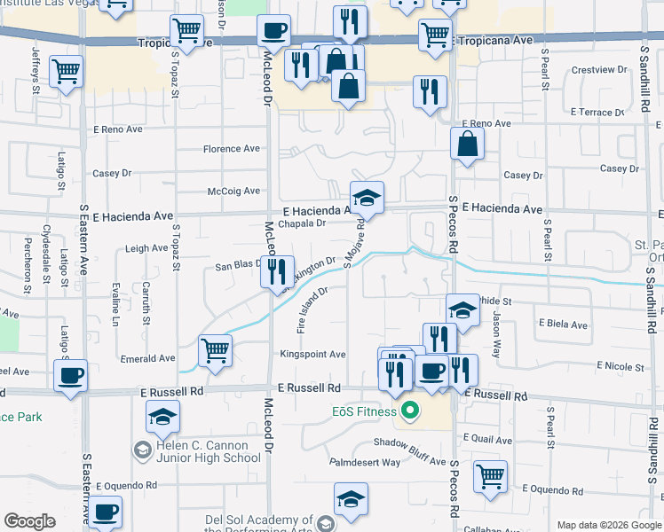 map of restaurants, bars, coffee shops, grocery stores, and more near 3158 Brockington Drive in Las Vegas