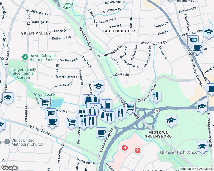 map of restaurants, bars, coffee shops, grocery stores, and more near 917 Benjamin Parkway in Greensboro