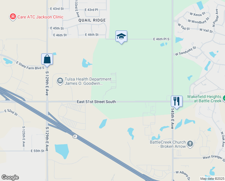 map of restaurants, bars, coffee shops, grocery stores, and more near 5018 South 136th East Avenue in Tulsa