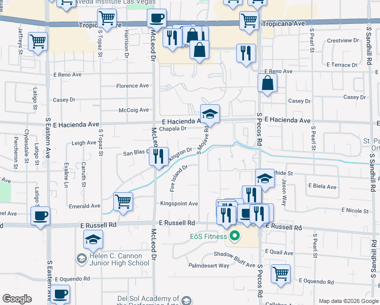 map of restaurants, bars, coffee shops, grocery stores, and more near 3158 Brockington Drive in Las Vegas