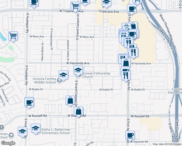 map of restaurants, bars, coffee shops, grocery stores, and more near 9668 Ridgebluff Avenue in Las Vegas