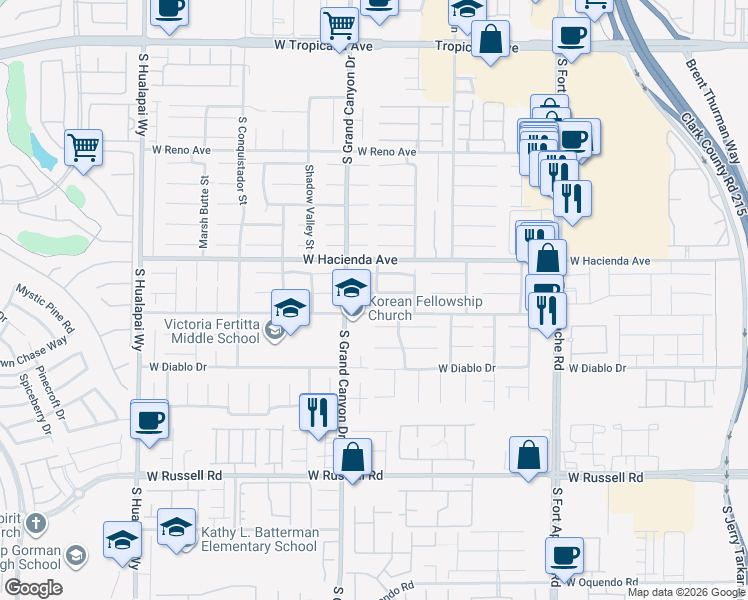 map of restaurants, bars, coffee shops, grocery stores, and more near 9732 Ridgebluff Avenue in Las Vegas